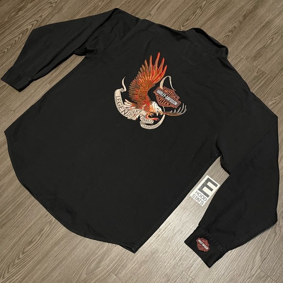 Harley Davidson Black Button Down Long Sleeve Embroidered Logo Mens Size L Shirt - Picture 9 of 17